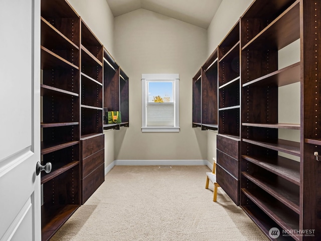 spacious closet with lofted ceiling and carpet flooring