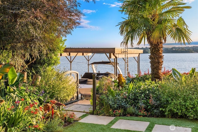 view of property's community with a dock and a water view