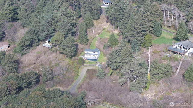 birds eye view of property featuring a wooded view