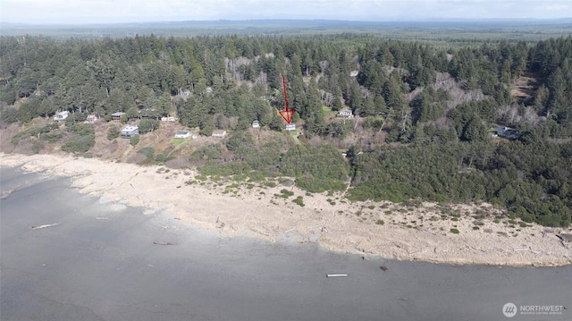 birds eye view of property featuring a view of trees