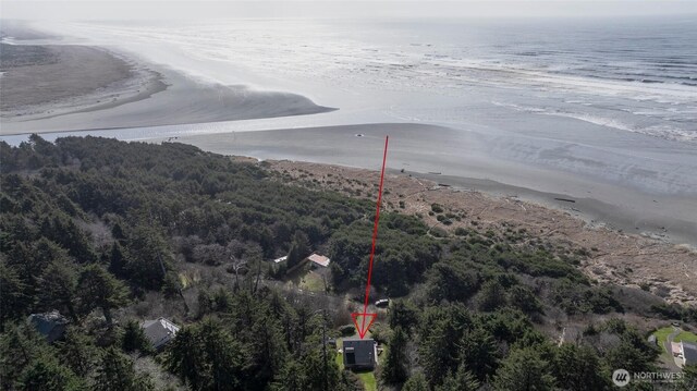 aerial view with a beach view, a water view, and a view of trees