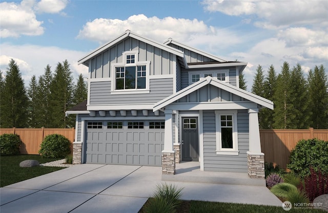 craftsman-style house featuring board and batten siding, concrete driveway, fence, and an attached garage