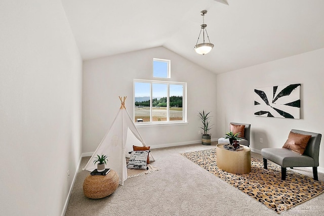 playroom featuring lofted ceiling, carpet flooring, and baseboards