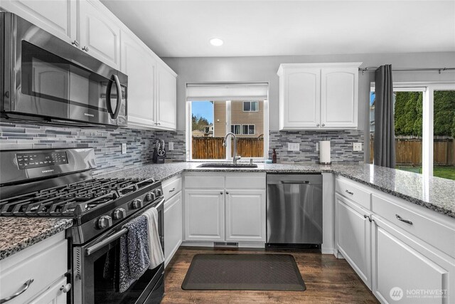 kitchen featuring appliances with stainless steel finishes, plenty of natural light, dark wood finished floors, and a sink