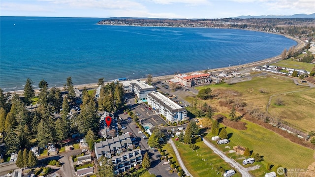 drone / aerial view featuring a water view