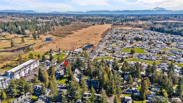 bird's eye view with a mountain view and a view of trees