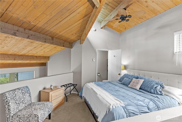 bedroom featuring vaulted ceiling with beams, carpet, wood ceiling, and a ceiling fan