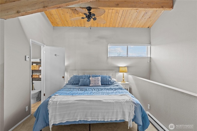 carpeted bedroom featuring vaulted ceiling with beams, wooden ceiling, a baseboard radiator, and baseboards