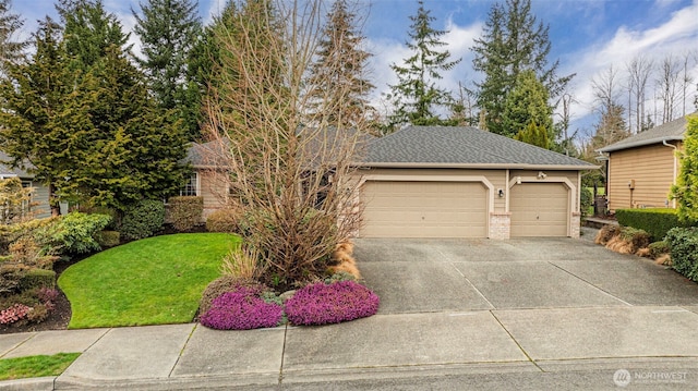 view of front facade featuring brick siding, driveway, an attached garage, and a shingled roof