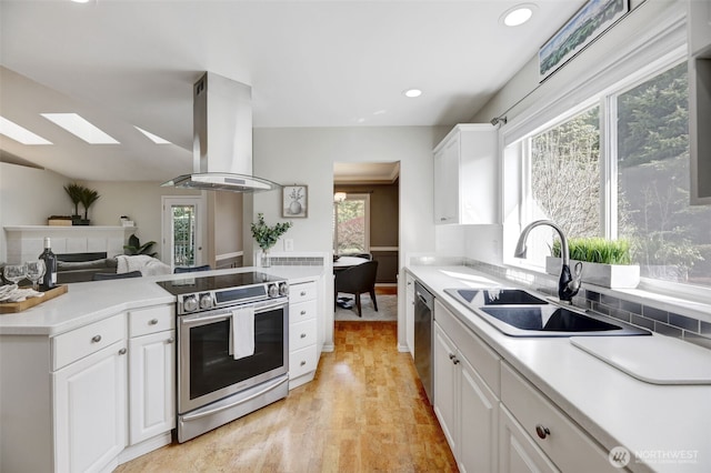 kitchen with a sink, appliances with stainless steel finishes, a wealth of natural light, and island range hood