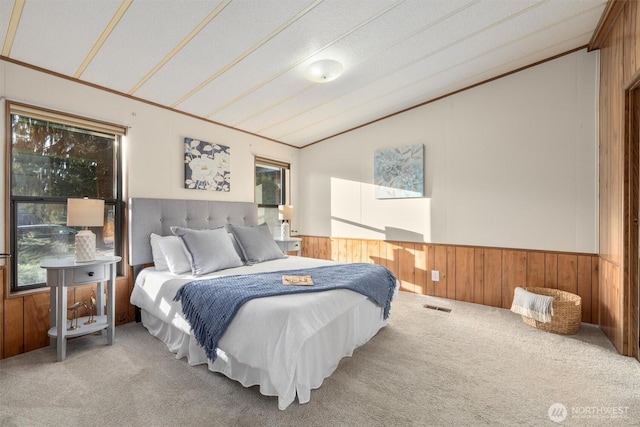 carpeted bedroom with lofted ceiling, a wainscoted wall, and wooden walls