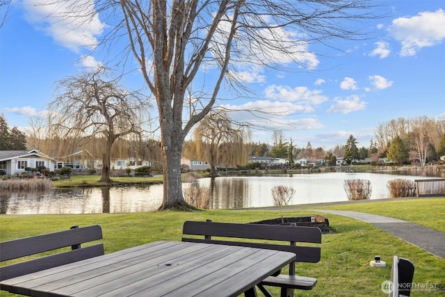 view of property's community featuring a water view and a lawn