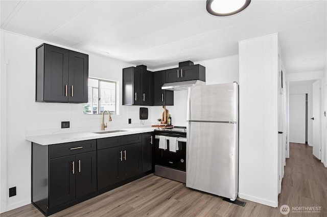 kitchen with under cabinet range hood, stainless steel appliances, a sink, light wood-style floors, and light countertops