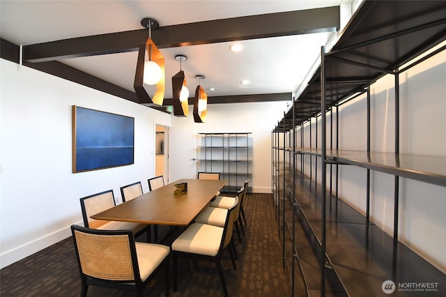 dining area featuring beamed ceiling, recessed lighting, and baseboards