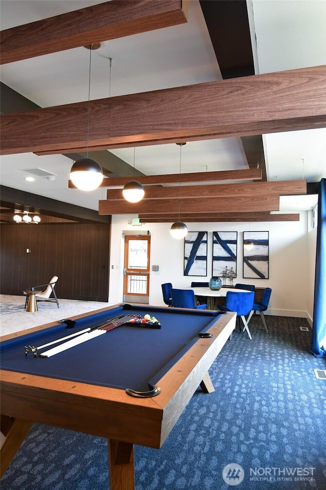 game room featuring pool table, carpet, beam ceiling, and baseboards