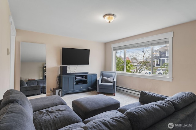 living room featuring a baseboard radiator and carpet flooring