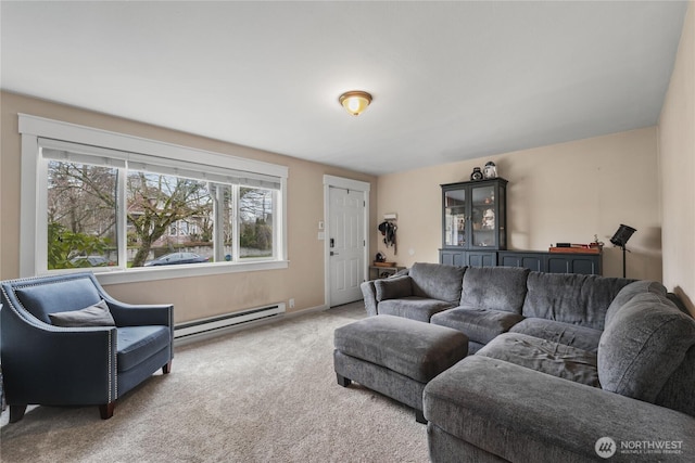 carpeted living room featuring a baseboard radiator