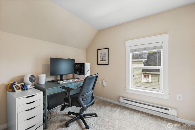 carpeted office space with baseboards, lofted ceiling, and a baseboard radiator