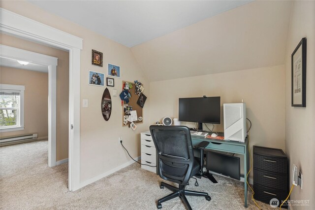 office area featuring lofted ceiling, carpet, baseboards, and a baseboard radiator