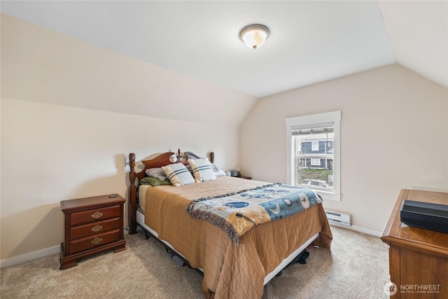 bedroom with baseboards, light carpet, baseboard heating, and vaulted ceiling