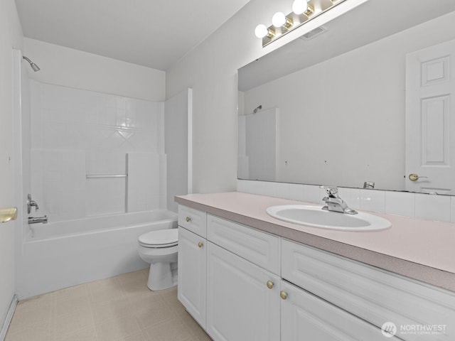 full bathroom with vanity, visible vents, shower / bathing tub combination, toilet, and tile patterned floors