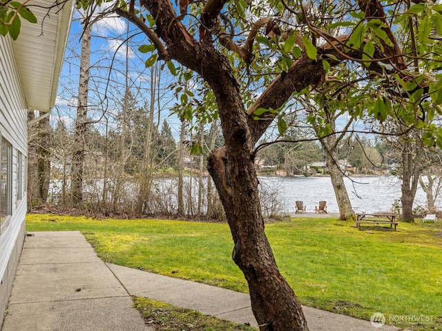 view of yard with a water view