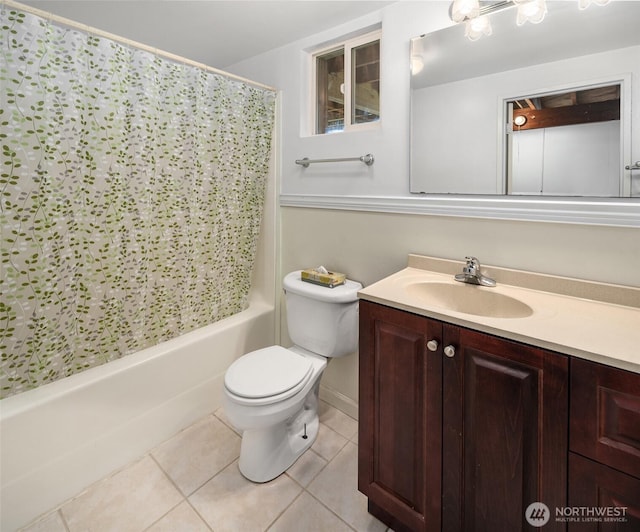 full bath with toilet, shower / bath combination with curtain, vanity, and tile patterned floors