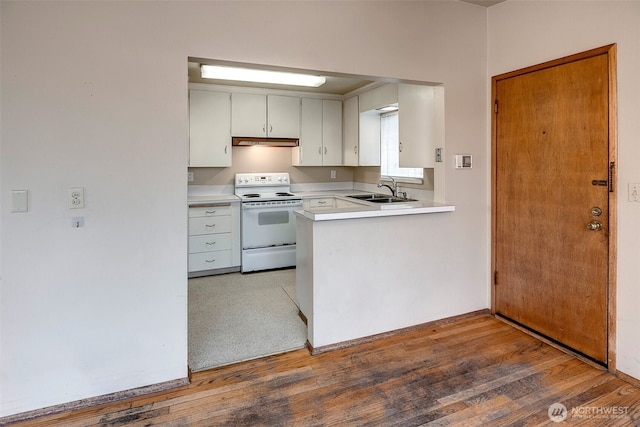 kitchen with electric range, a sink, under cabinet range hood, wood finished floors, and light countertops