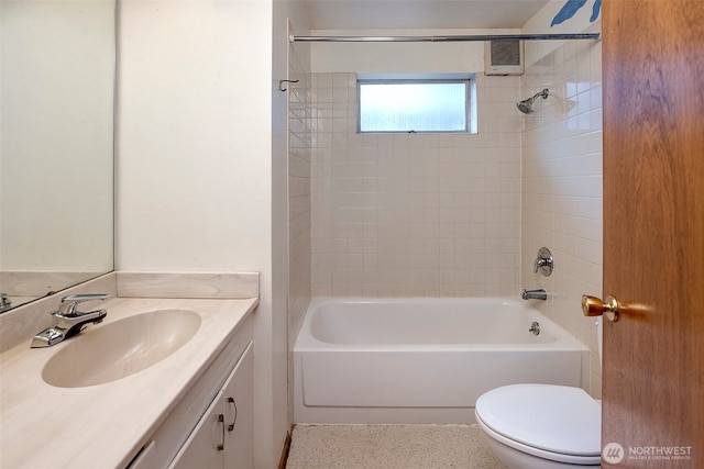 full bath featuring visible vents, toilet, tub / shower combination, speckled floor, and vanity