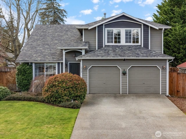 view of front facade featuring a front yard, fence, roof with shingles, an attached garage, and concrete driveway