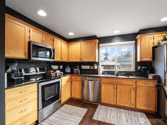 kitchen with a sink, appliances with stainless steel finishes, dark wood finished floors, and recessed lighting