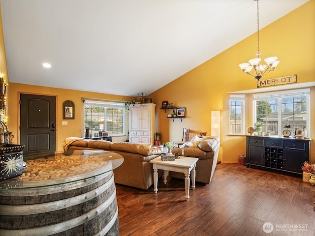 living room with a chandelier, dark wood-style flooring, recessed lighting, and vaulted ceiling