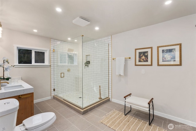 bathroom with toilet, a shower stall, tile patterned flooring, and recessed lighting