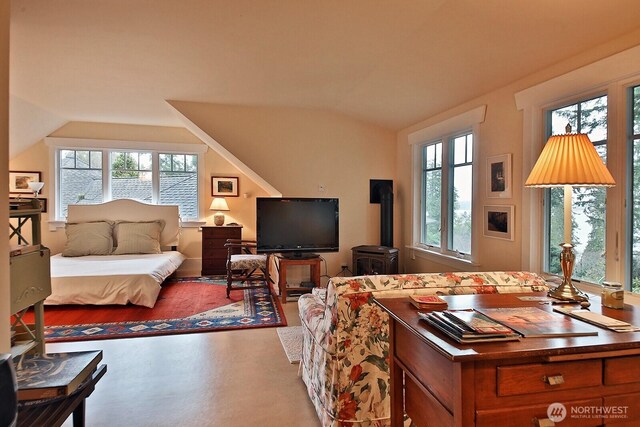 bedroom featuring multiple windows, a wood stove, and vaulted ceiling