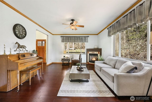 living area with wood finished floors, a ceiling fan, baseboards, a glass covered fireplace, and crown molding