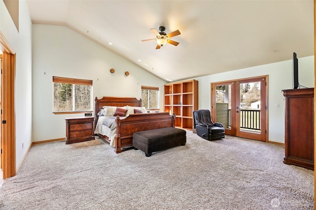 carpeted bedroom with access to exterior, french doors, ceiling fan, high vaulted ceiling, and baseboards