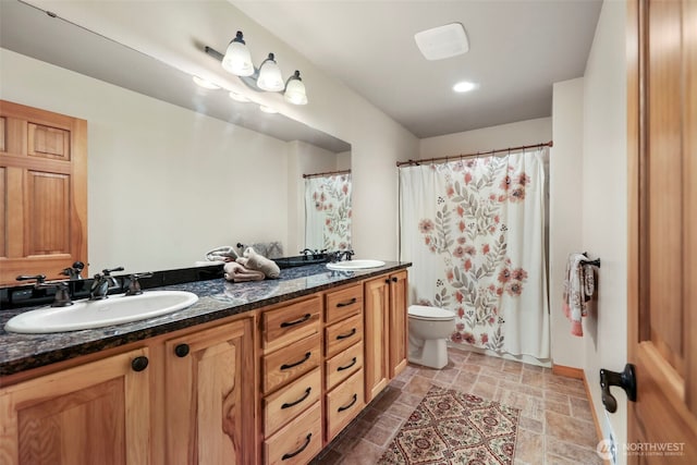 full bath featuring stone finish flooring, a sink, toilet, and double vanity