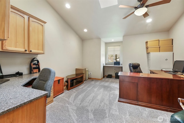 office with recessed lighting, light colored carpet, and ceiling fan