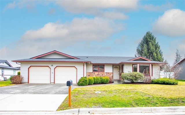 single story home with a garage, aphalt driveway, and a front yard