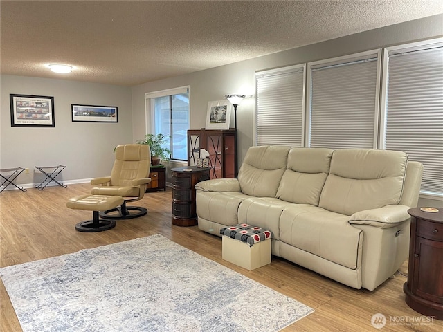 living area featuring light wood-style floors, baseboards, and a textured ceiling