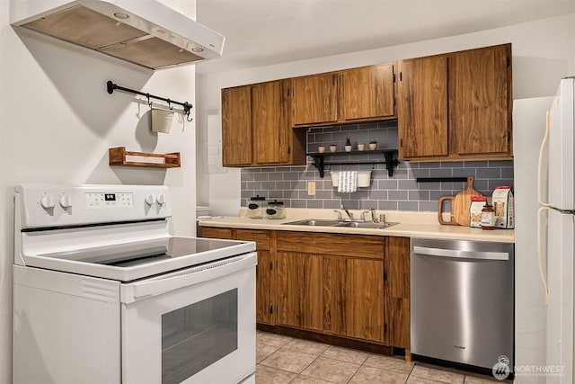 kitchen featuring tasteful backsplash, a sink, brown cabinets, white appliances, and open shelves