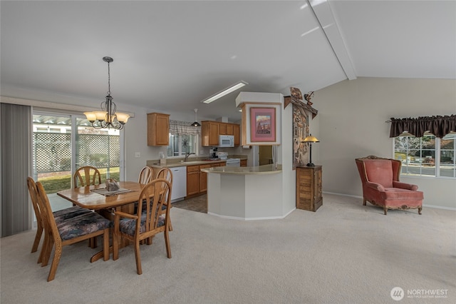 dining room featuring light carpet, baseboards, lofted ceiling with beams, and an inviting chandelier