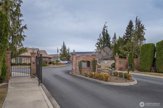 view of street featuring street lights, a gate, curbs, and a gated entry