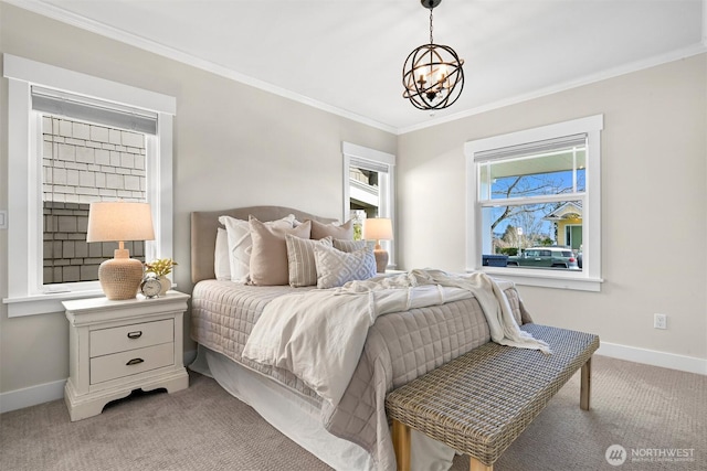 bedroom featuring light carpet, crown molding, baseboards, and a notable chandelier