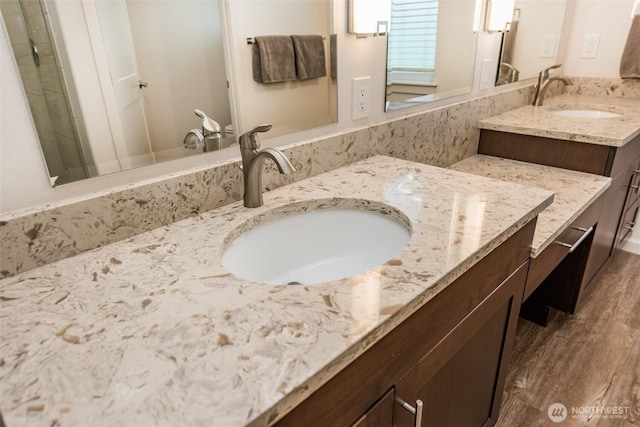 bathroom featuring a shower with shower door, wood finished floors, and vanity