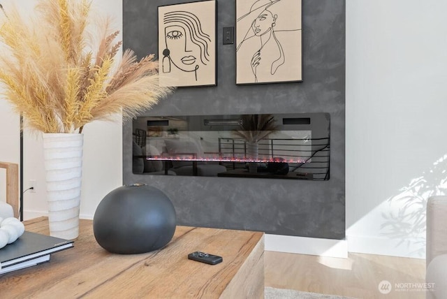 room details featuring a lit fireplace and wood finished floors