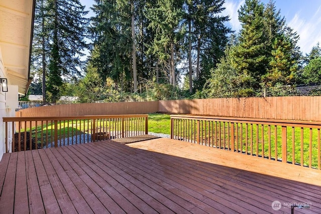 deck with a yard and a fenced backyard