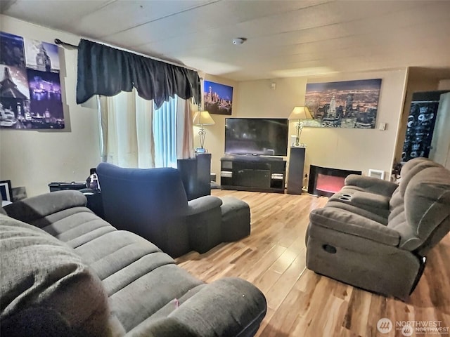 living room with a fireplace and wood finished floors