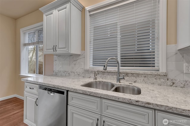 kitchen featuring a sink, tasteful backsplash, white cabinetry, and stainless steel dishwasher