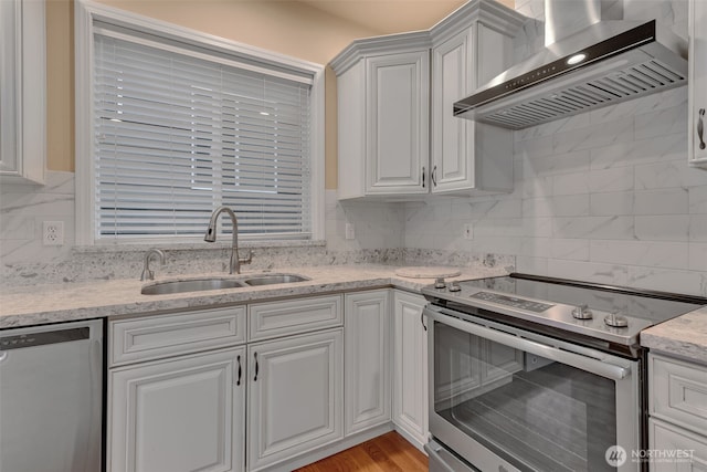 kitchen featuring a sink, stainless steel appliances, wall chimney range hood, white cabinetry, and backsplash